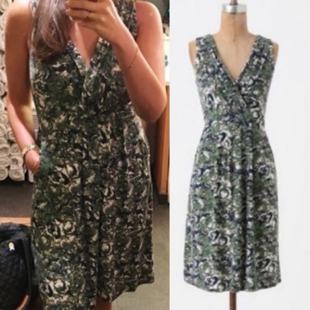 Anthropologie Porridge Green Woody Nymph Dress Size XS V-Neck Pockets Bohemian